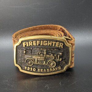 Vintage Firefighter Leather Belt with Brass Buckle 1910 Seagrave BTS 35" - 39"